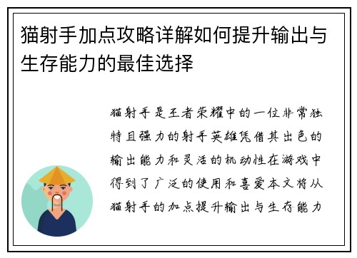 猫射手加点攻略详解如何提升输出与生存能力的最佳选择