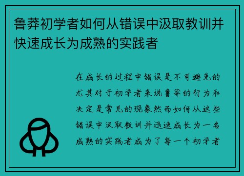 鲁莽初学者如何从错误中汲取教训并快速成长为成熟的实践者